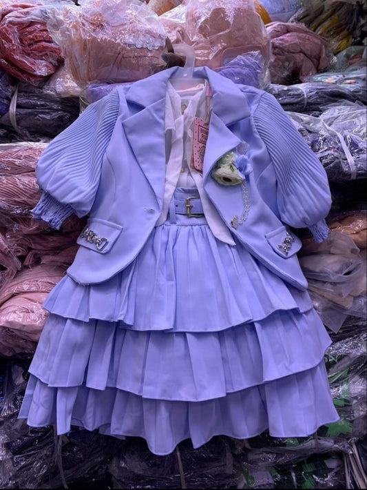 Purple skirt and coat with dress.